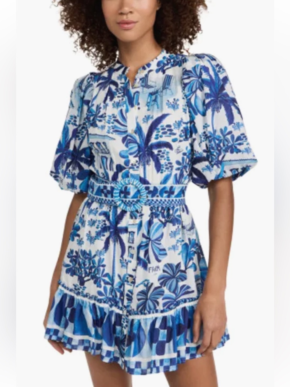 FARM Rio Blue Palm-Print Mini Dress with Belt large